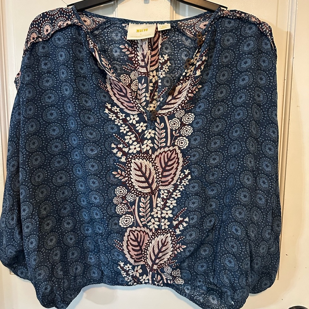 Anthropologie Maeve Letizia Ruffled Blouse Top Womens Sz Xsmall Boho Blue Maroon